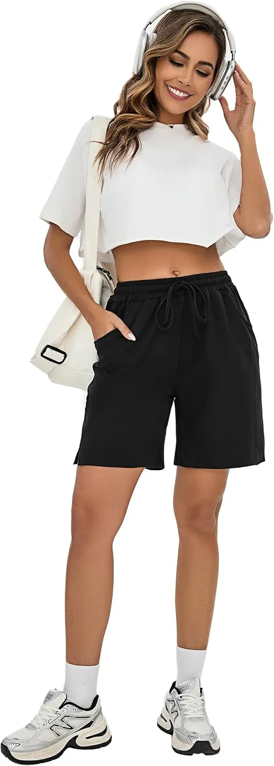Quenteen Womens Bermuda Shorts Athletic Loose Running Comfy Long Yoga Shorts with Pockets