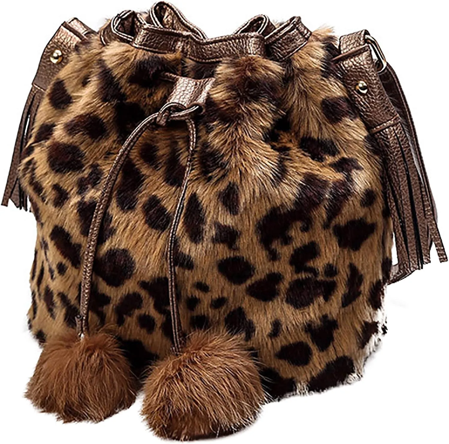 QZUnique Plush Bucket Handbag Faux Fur Drawstring Fluffy Crossbody Bag Handle Shoulder Tote Bag