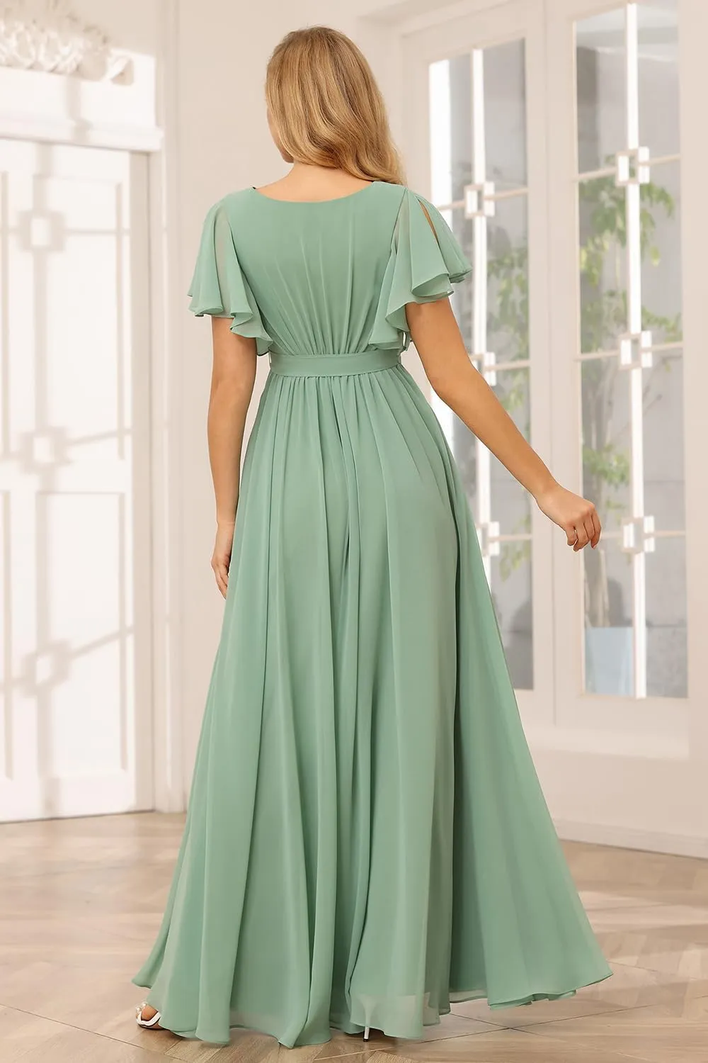Raseal Flutter Sleeve Chiffon Bridesmaid Dress Long with Pockets V Neck Pleated Formal Dress for Women RS037