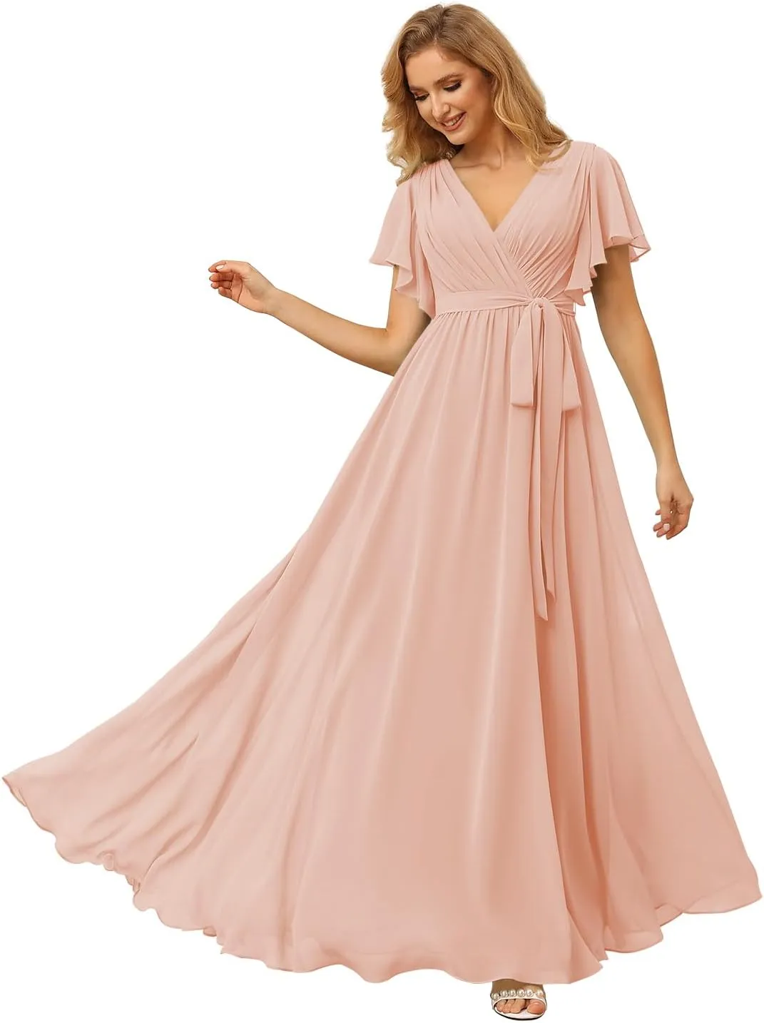 Raseal Flutter Sleeve Chiffon Bridesmaid Dress Long with Pockets V Neck Pleated Formal Dress for Women RS037