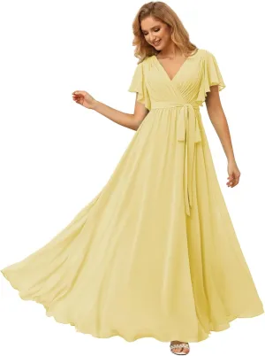 Raseal Flutter Sleeve Chiffon Bridesmaid Dress Long with Pockets V Neck Pleated Formal Dress for Women RS037