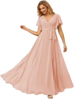 Raseal Flutter Sleeve Chiffon Bridesmaid Dress Long with Pockets V Neck Pleated Formal Dress for Women RS037