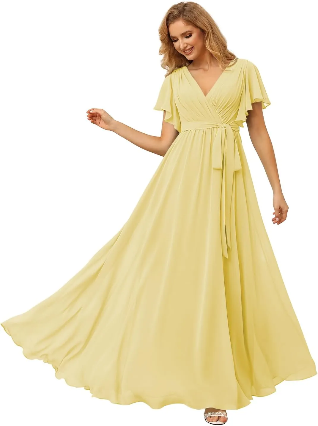 Raseal Flutter Sleeve Chiffon Bridesmaid Dress Long with Pockets V Neck Pleated Formal Dress for Women RS037