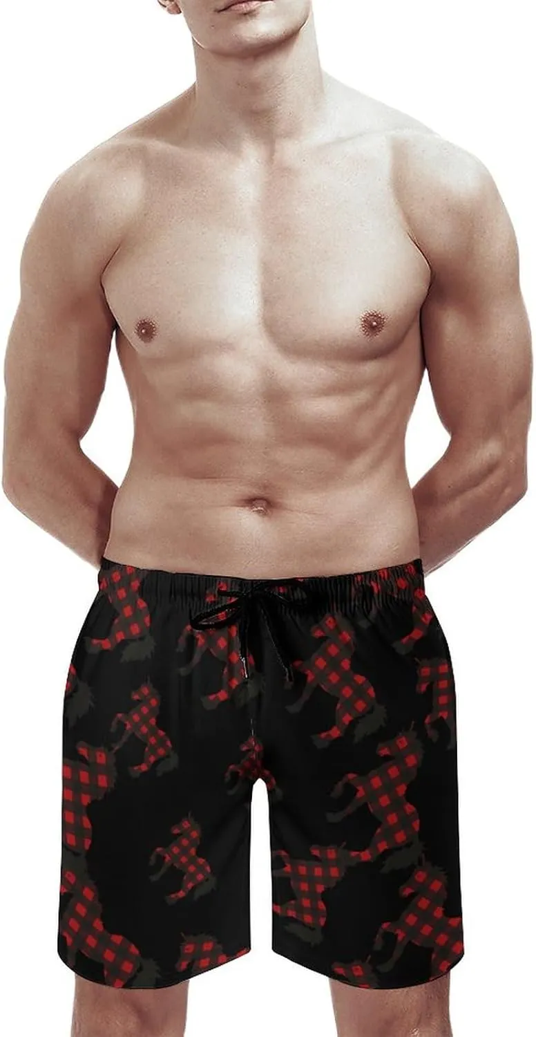 Red Buffalo Plaid Uni-corn-horse Men's Swim Trunks Quick Dry Board Shorts Breathable Summer Beach Shorts Bathing Suits