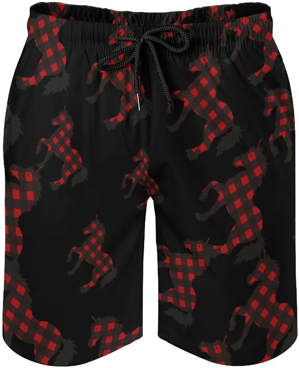 Red Buffalo Plaid Uni-corn-horse Men's Swim Trunks Quick Dry Board Shorts Breathable Summer Beach Shorts Bathing Suits