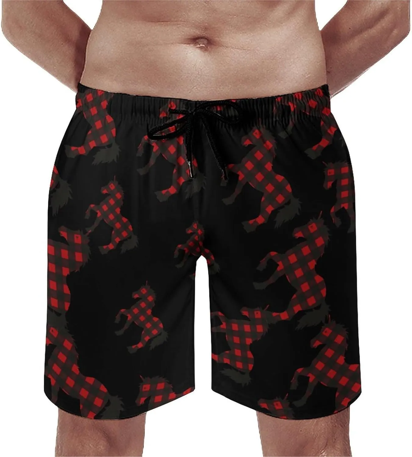 Red Buffalo Plaid Uni-corn-horse Men's Swim Trunks Quick Dry Board Shorts Breathable Summer Beach Shorts Bathing Suits