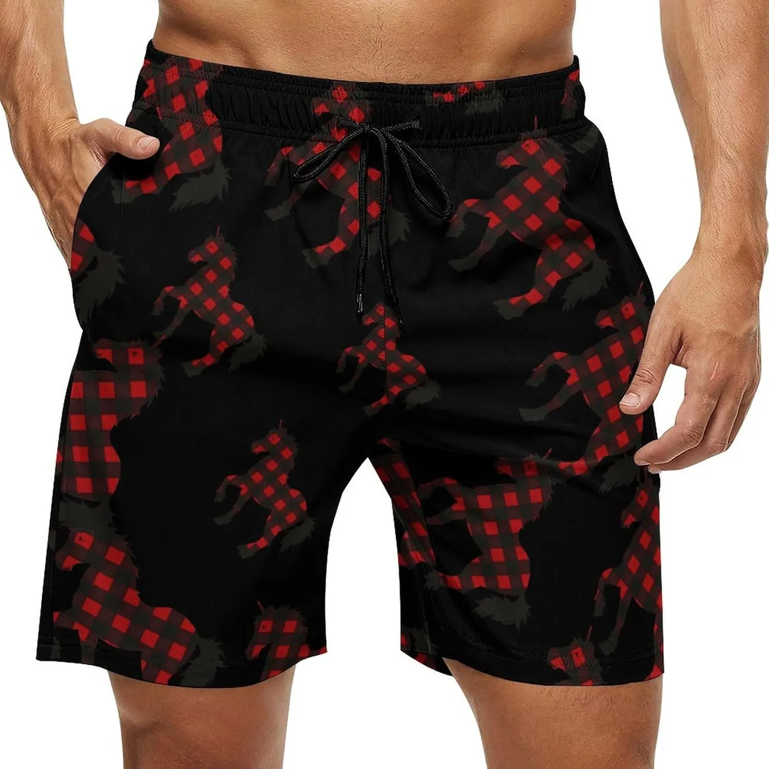 Red Buffalo Plaid Uni-corn-horse Men's Swim Trunks Quick Dry Board Shorts Breathable Summer Beach Shorts Bathing Suits