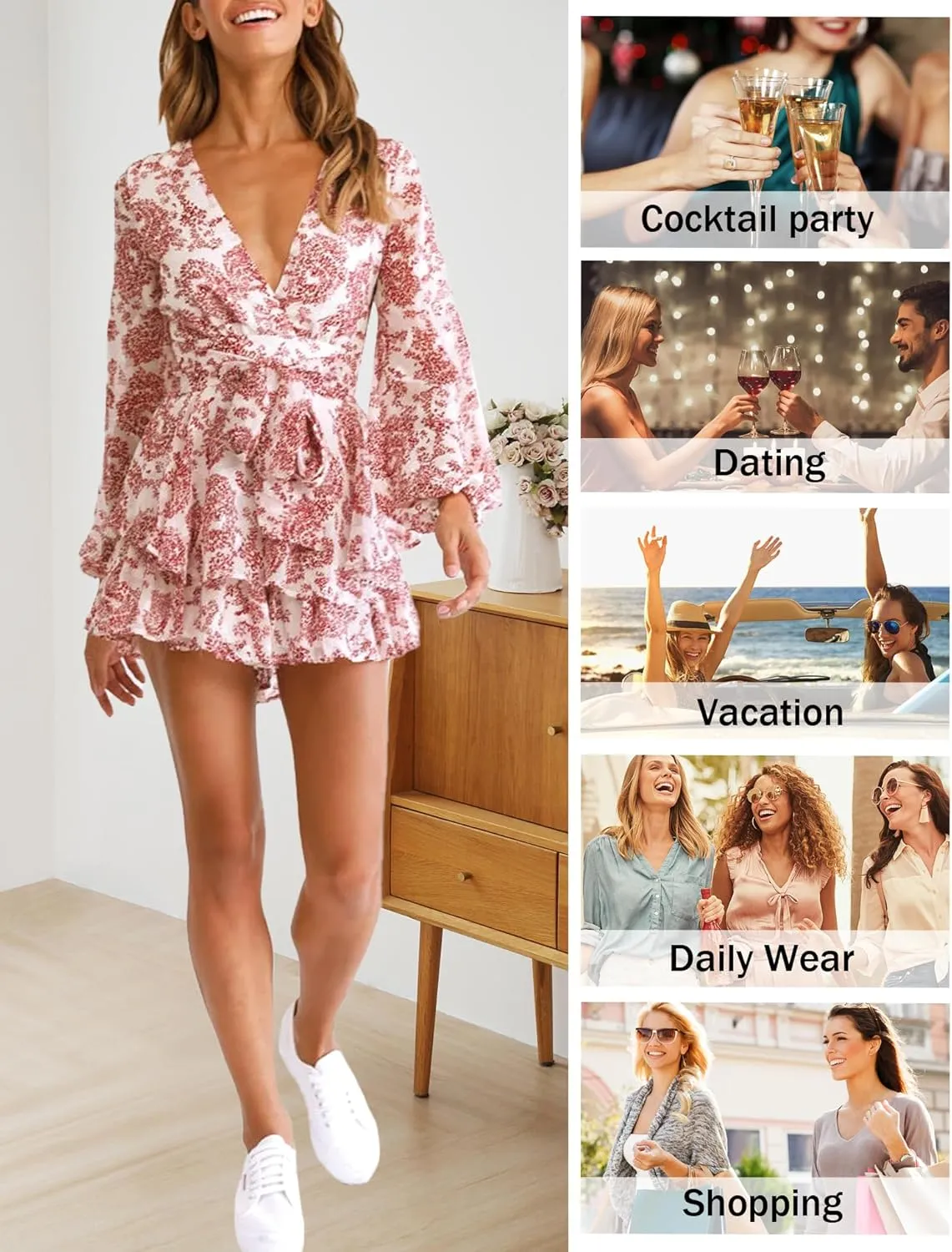 Relipop Womens Floral Print Romper V Neck Long Sleeve Double Layer Ruffle Hem Shorts Jumpsuit 2025 Beach Vacation Outfits