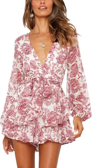 Relipop Womens Floral Print Romper V Neck Long Sleeve Double Layer Ruffle Hem Shorts Jumpsuit 2025 Beach Vacation Outfits
