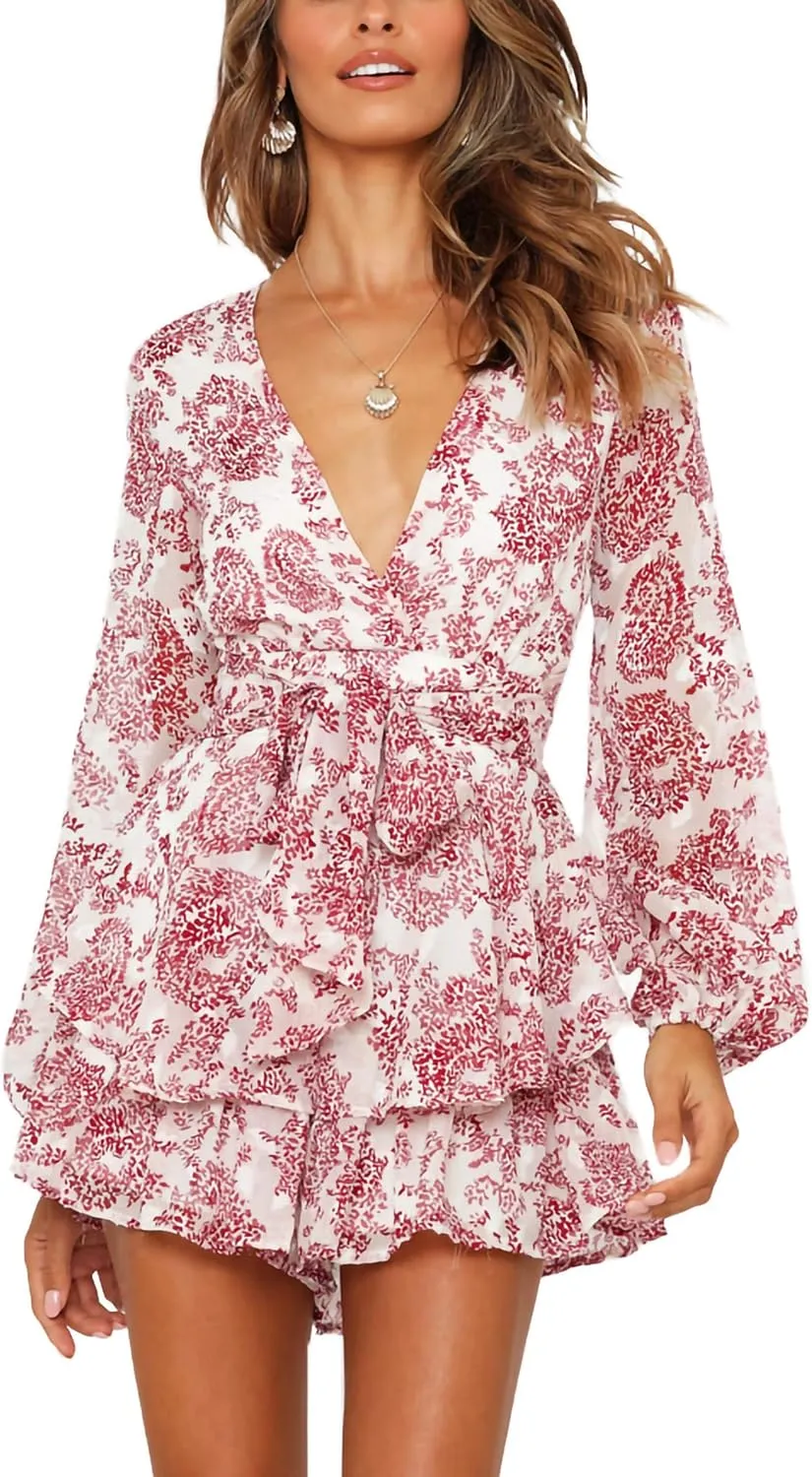 Relipop Womens Floral Print Romper V Neck Long Sleeve Double Layer Ruffle Hem Shorts Jumpsuit 2025 Beach Vacation Outfits