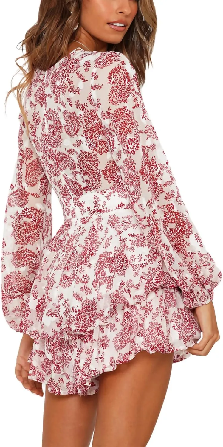 Relipop Womens Floral Print Romper V Neck Long Sleeve Double Layer Ruffle Hem Shorts Jumpsuit 2025 Beach Vacation Outfits
