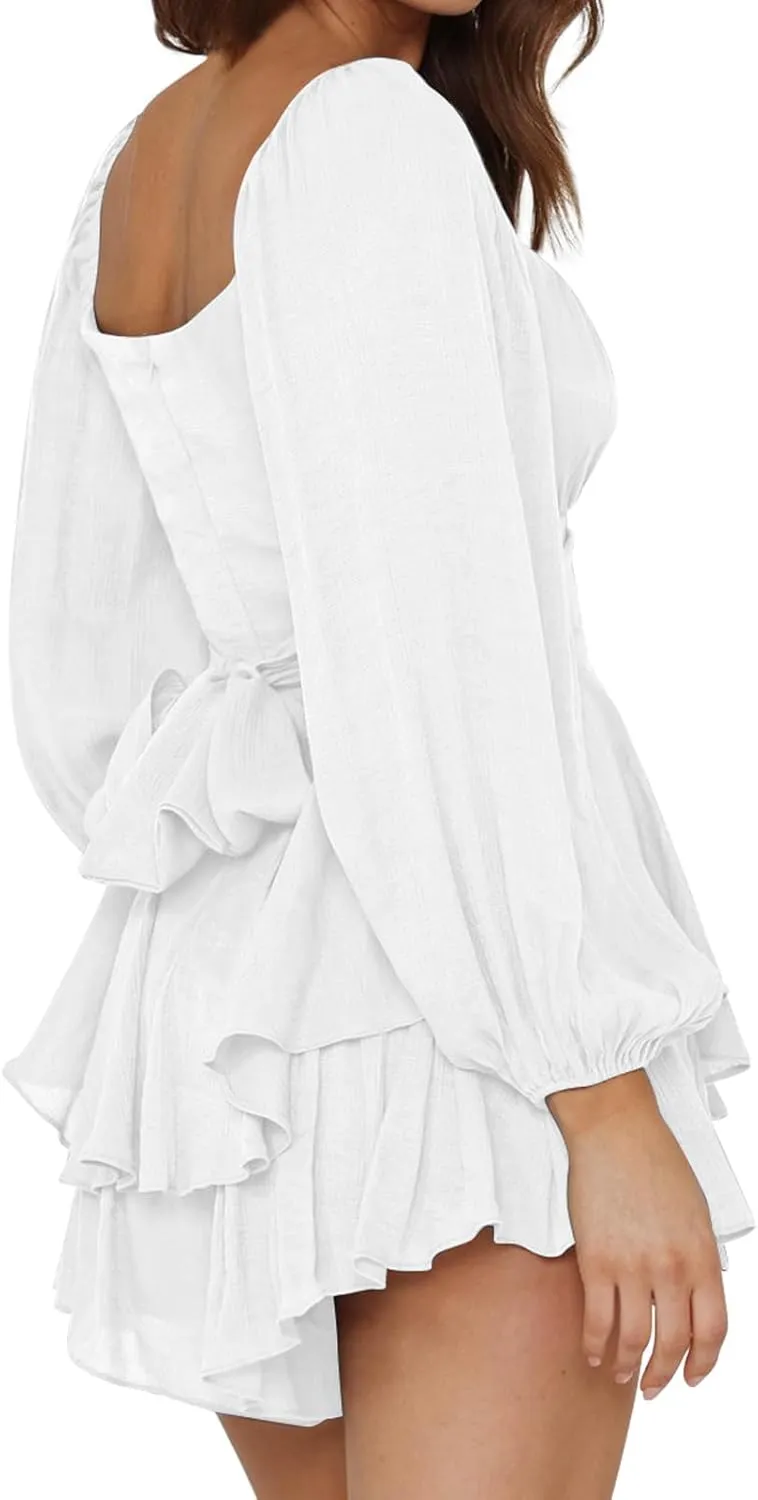 Rompers for Women Boho Off Shoulder Rompers Lantern Long Sleeve Ruffle Layer Back Tie Mini Short Jumpsuit