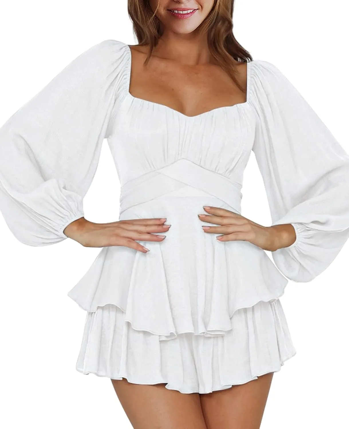 Rompers for Women Boho Off Shoulder Rompers Lantern Long Sleeve Ruffle Layer Back Tie Mini Short Jumpsuit