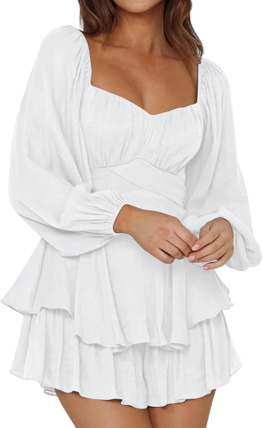 Rompers for Women Boho Off Shoulder Rompers Lantern Long Sleeve Ruffle Layer Back Tie Mini Short Jumpsuit