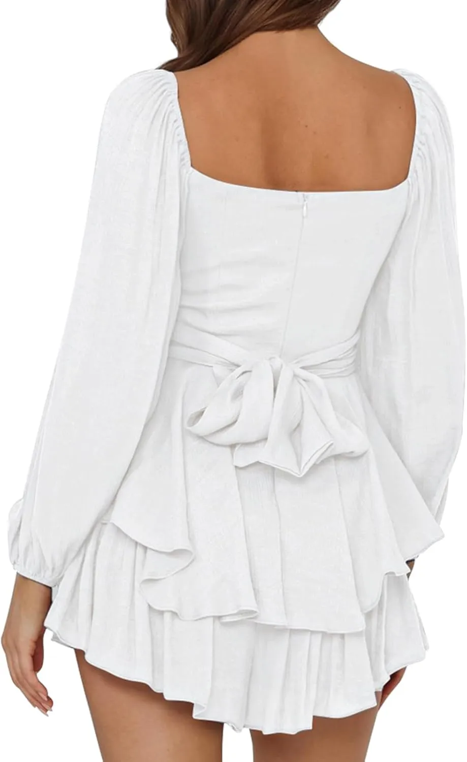 Rompers for Women Boho Off Shoulder Rompers Lantern Long Sleeve Ruffle Layer Back Tie Mini Short Jumpsuit