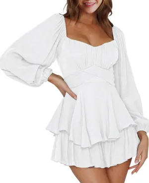 Rompers for Women Boho Off Shoulder Rompers Lantern Long Sleeve Ruffle Layer Back Tie Mini Short Jumpsuit