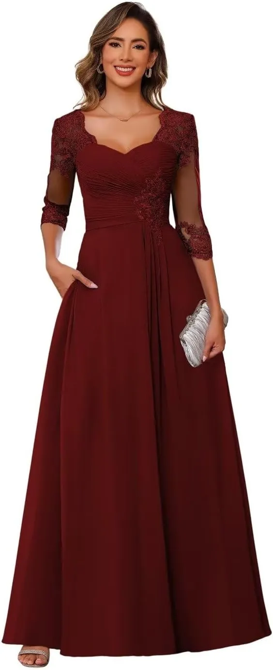 RSOETOO Lace Appliques Mother of The Bride Dresses Short Sleeves Long Sequin Beaded Formal Evening Prom Dress RO220