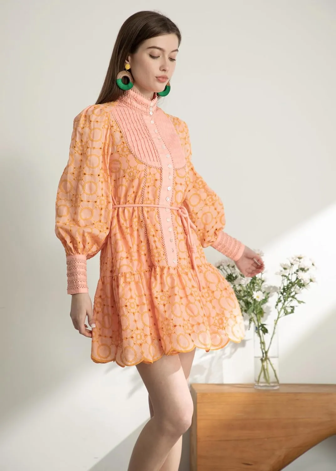 Ruffle Sleeve Tunic Midi Dress Flowy Shift Sundress Sweet Babydoll Button Down Swing Skirt