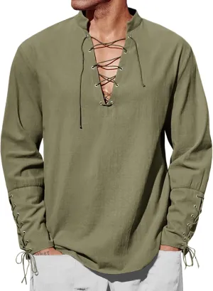 Runcati Mens Medieval Pirate Shirt Steampunk Renaissance Viking Retro Long Sleeve Lace Up Mercenary Halloween Costume Tops