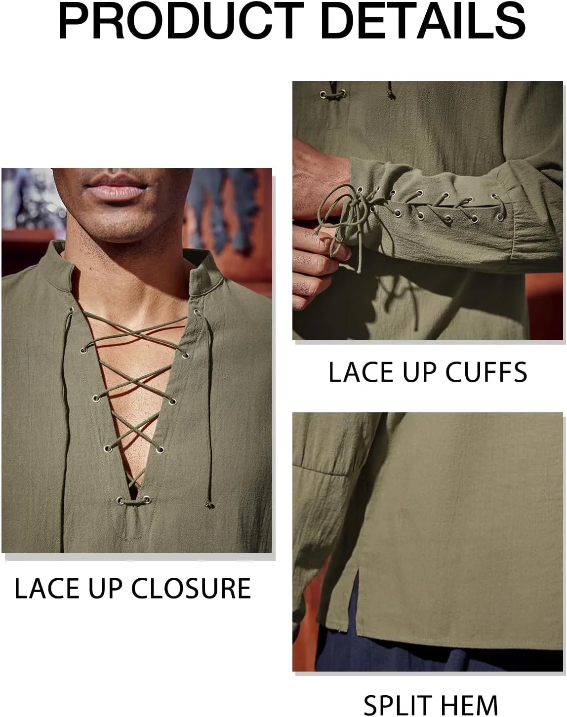 Runcati Mens Medieval Pirate Shirt Steampunk Renaissance Viking Retro Long Sleeve Lace Up Mercenary Halloween Costume Tops