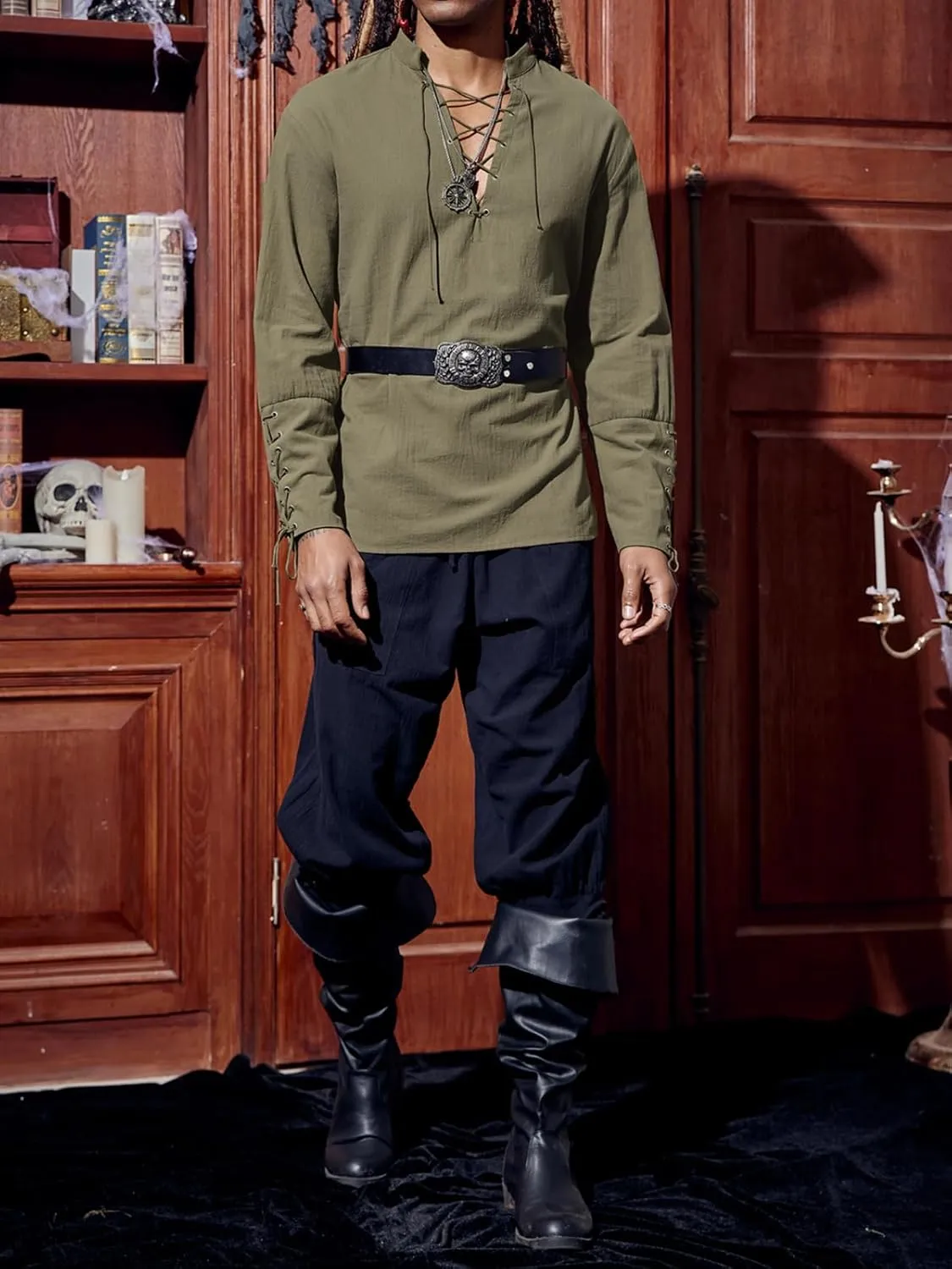 Runcati Mens Medieval Pirate Shirt Steampunk Renaissance Viking Retro Long Sleeve Lace Up Mercenary Halloween Costume Tops
