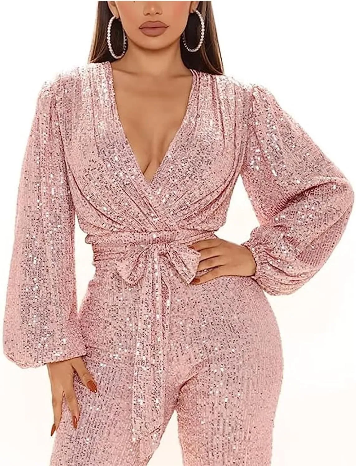 SACFOF Women Casual Sexy V Neck Sparkly Jumpsuits Sequin Long Sleeve Onesie Loose Pants Party Clubwear with Belt