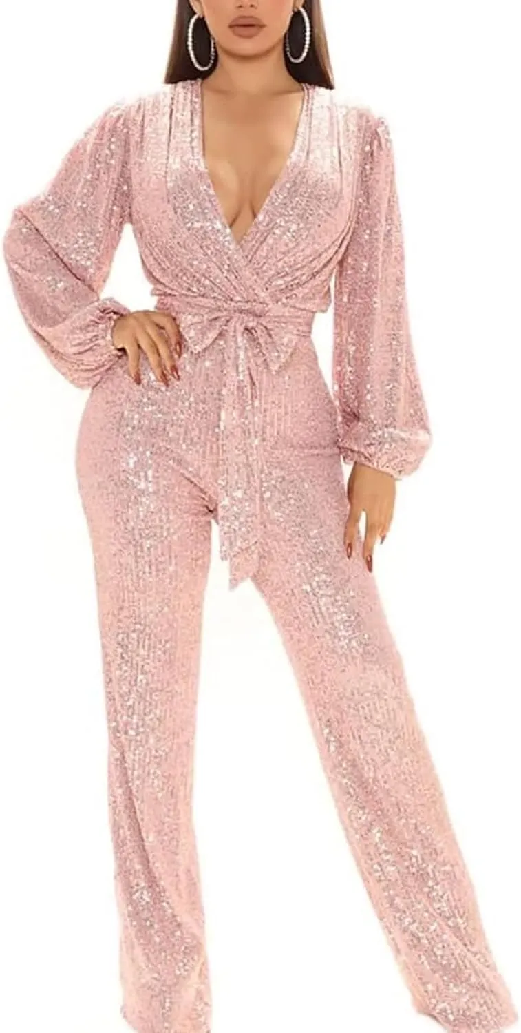 SACFOF Women Casual Sexy V Neck Sparkly Jumpsuits Sequin Long Sleeve Onesie Loose Pants Party Clubwear with Belt