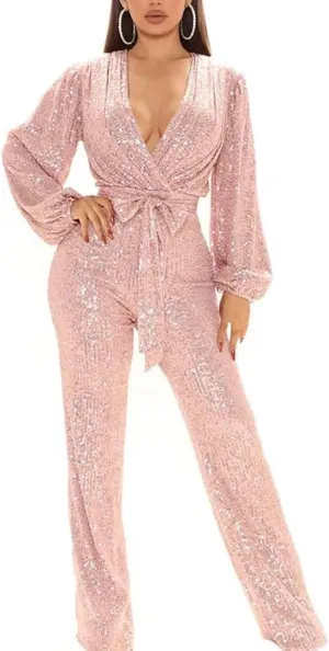 SACFOF Women Casual Sexy V Neck Sparkly Jumpsuits Sequin Long Sleeve Onesie Loose Pants Party Clubwear with Belt