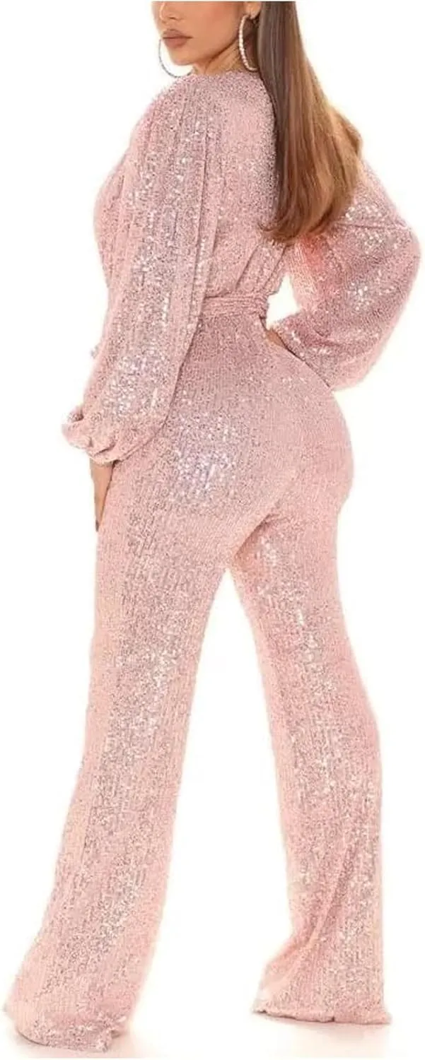 SACFOF Women Casual Sexy V Neck Sparkly Jumpsuits Sequin Long Sleeve Onesie Loose Pants Party Clubwear with Belt
