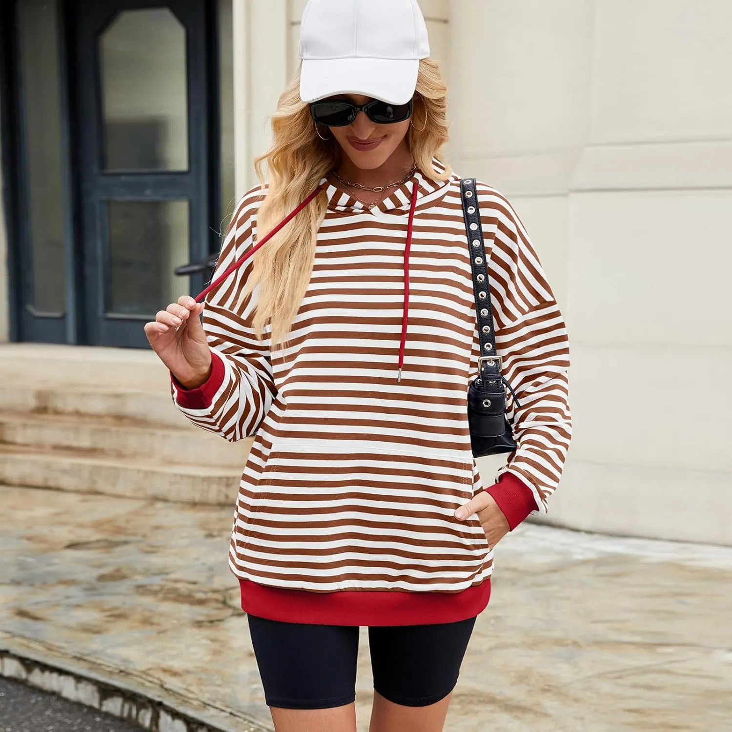 sandbank Women's Striped Fleece Hoodie Long Sleeve Pullover Sweatshirt with Pocket, Casual Fall Outfits, 2024 Fashion