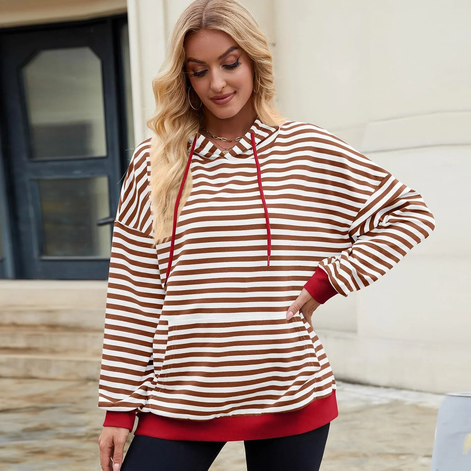 sandbank Women's Striped Fleece Hoodie Long Sleeve Pullover Sweatshirt with Pocket, Casual Fall Outfits, 2024 Fashion