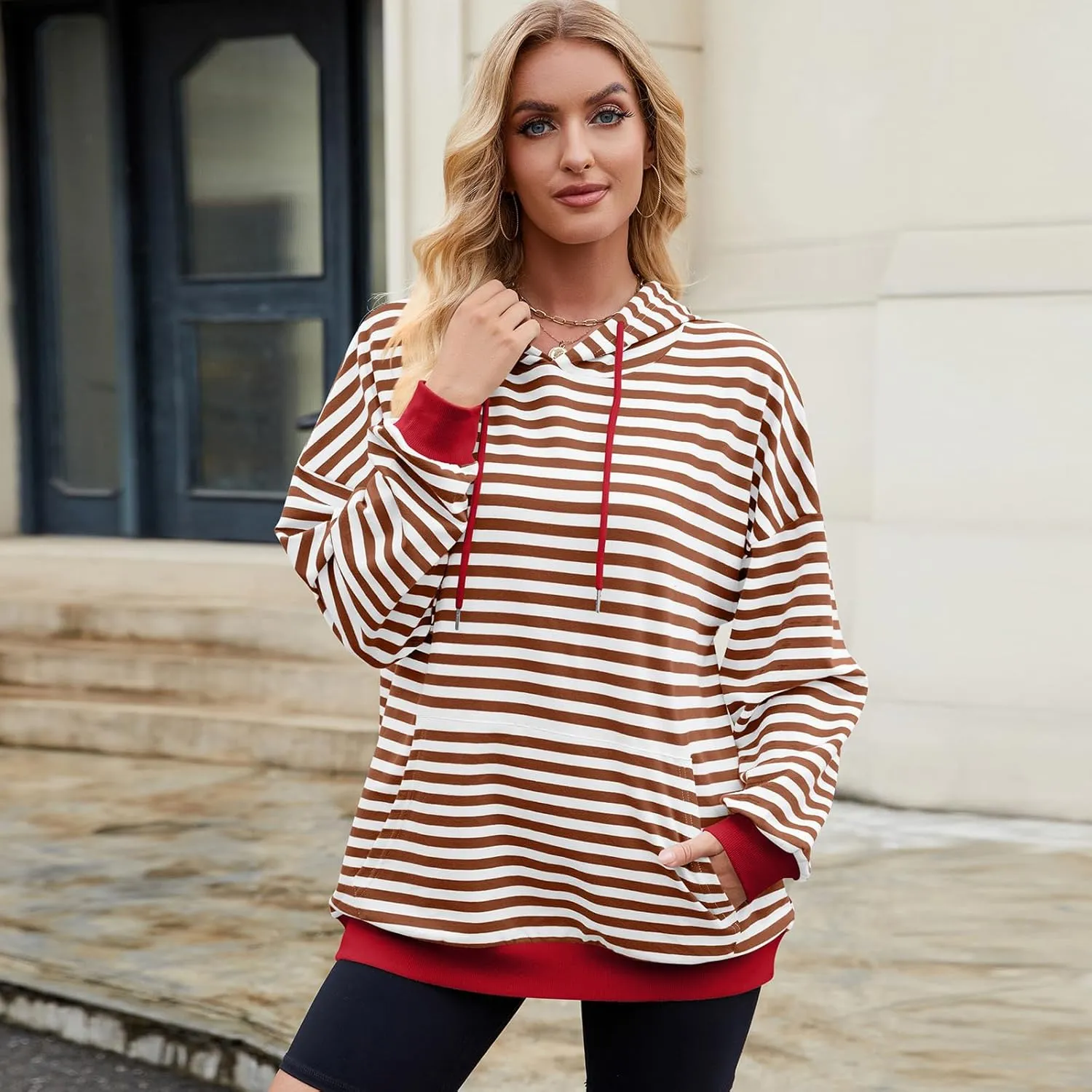 sandbank Women's Striped Fleece Hoodie Long Sleeve Pullover Sweatshirt with Pocket, Casual Fall Outfits, 2024 Fashion