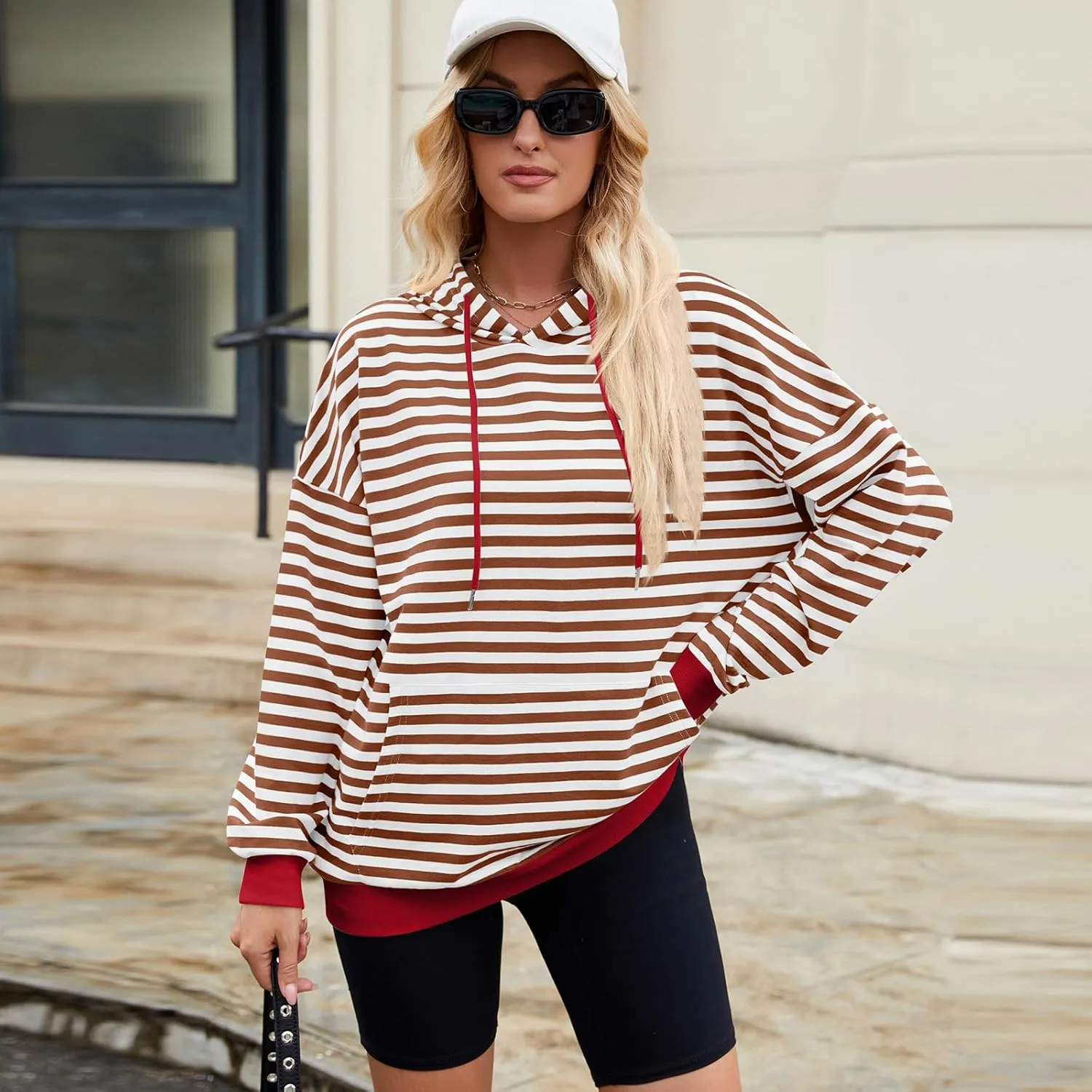 sandbank Women's Striped Fleece Hoodie Long Sleeve Pullover Sweatshirt with Pocket, Casual Fall Outfits, 2024 Fashion