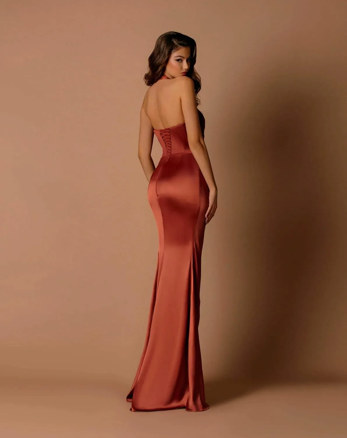 Satin Bridesmaid Dresses for Women Halter Long Mermaid Prom Dress Corset Ruched Formal Evening Gowns with Slit MR103