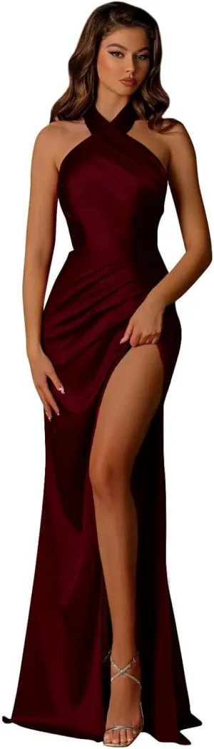 Satin Bridesmaid Dresses for Women Halter Long Mermaid Prom Dress Corset Ruched Formal Evening Gowns with Slit MR103