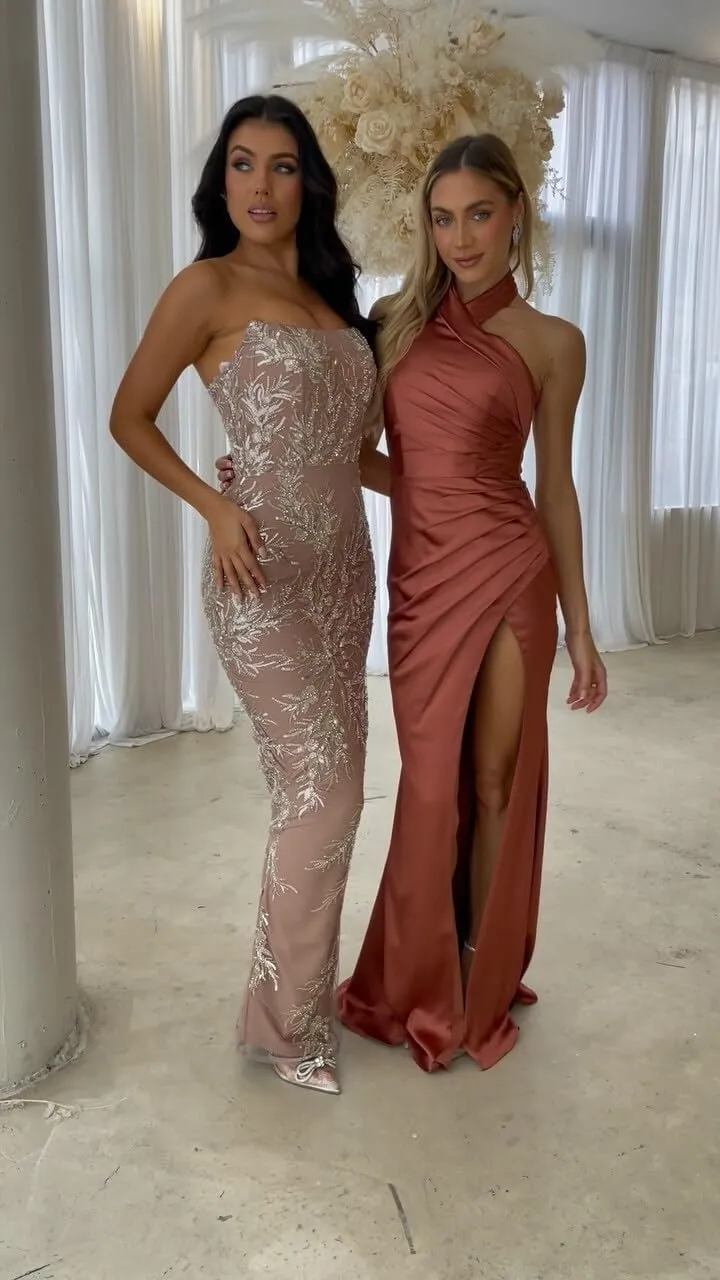 Satin Bridesmaid Dresses for Women Halter Long Mermaid Prom Dress Corset Ruched Formal Evening Gowns with Slit MR103