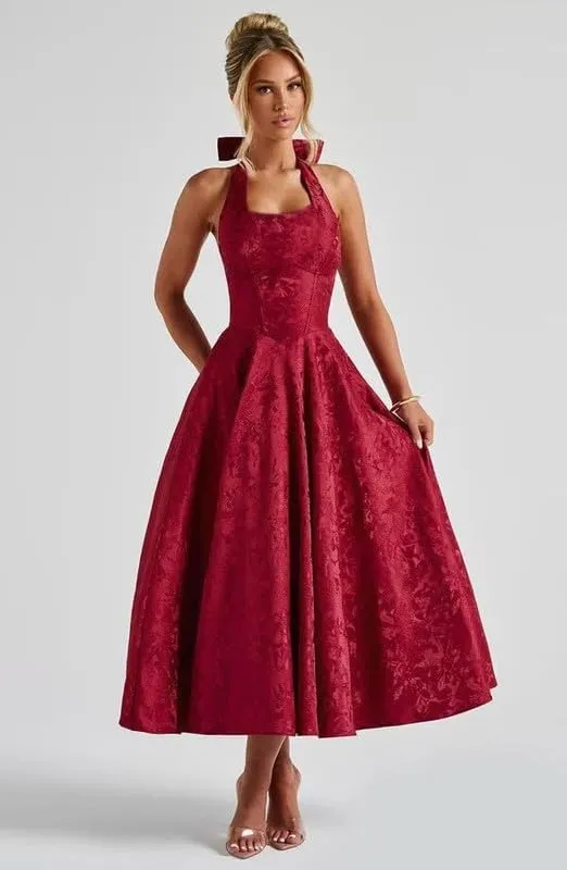 Satin Prom Dresses for Women with Bow Floral Jacquard Formal Evening Gowns with Pockets HRJ18