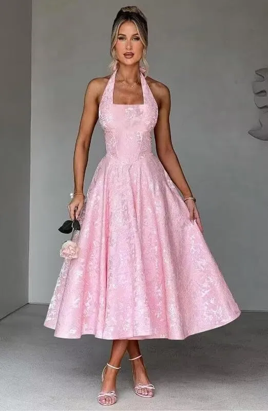 Satin Prom Dresses for Women with Bow Floral Jacquard Formal Evening Gowns with Pockets HRJ18