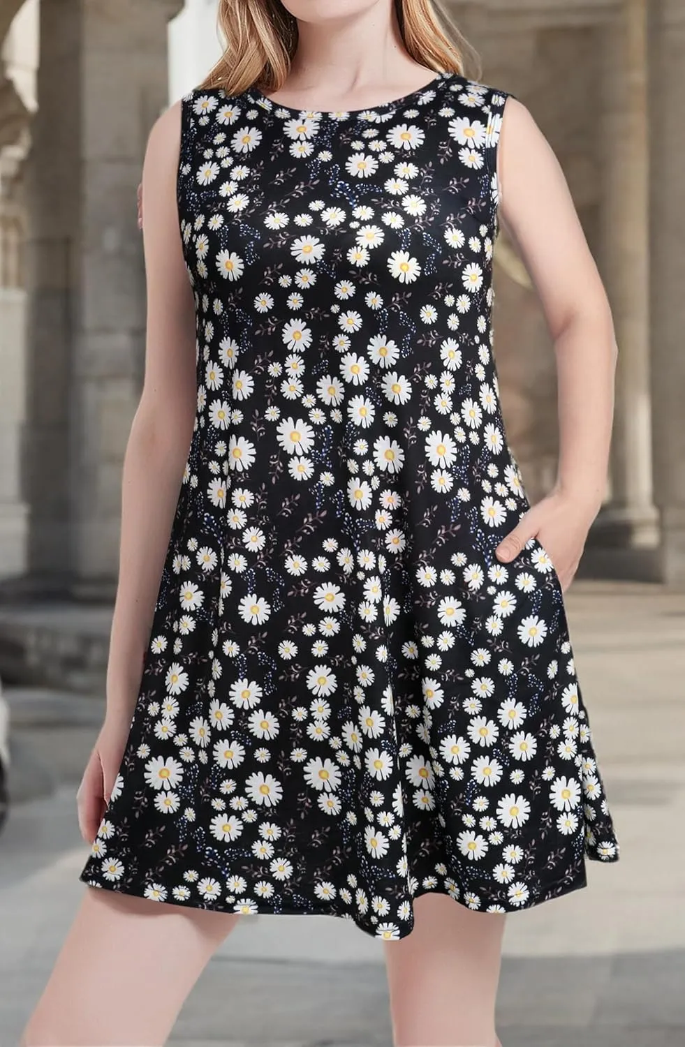 Scotamalone Summer Dresses for Women 2023 Beach Floral Tshirt Sundress Sleeveless Pockets Casual Loose Tank Dress