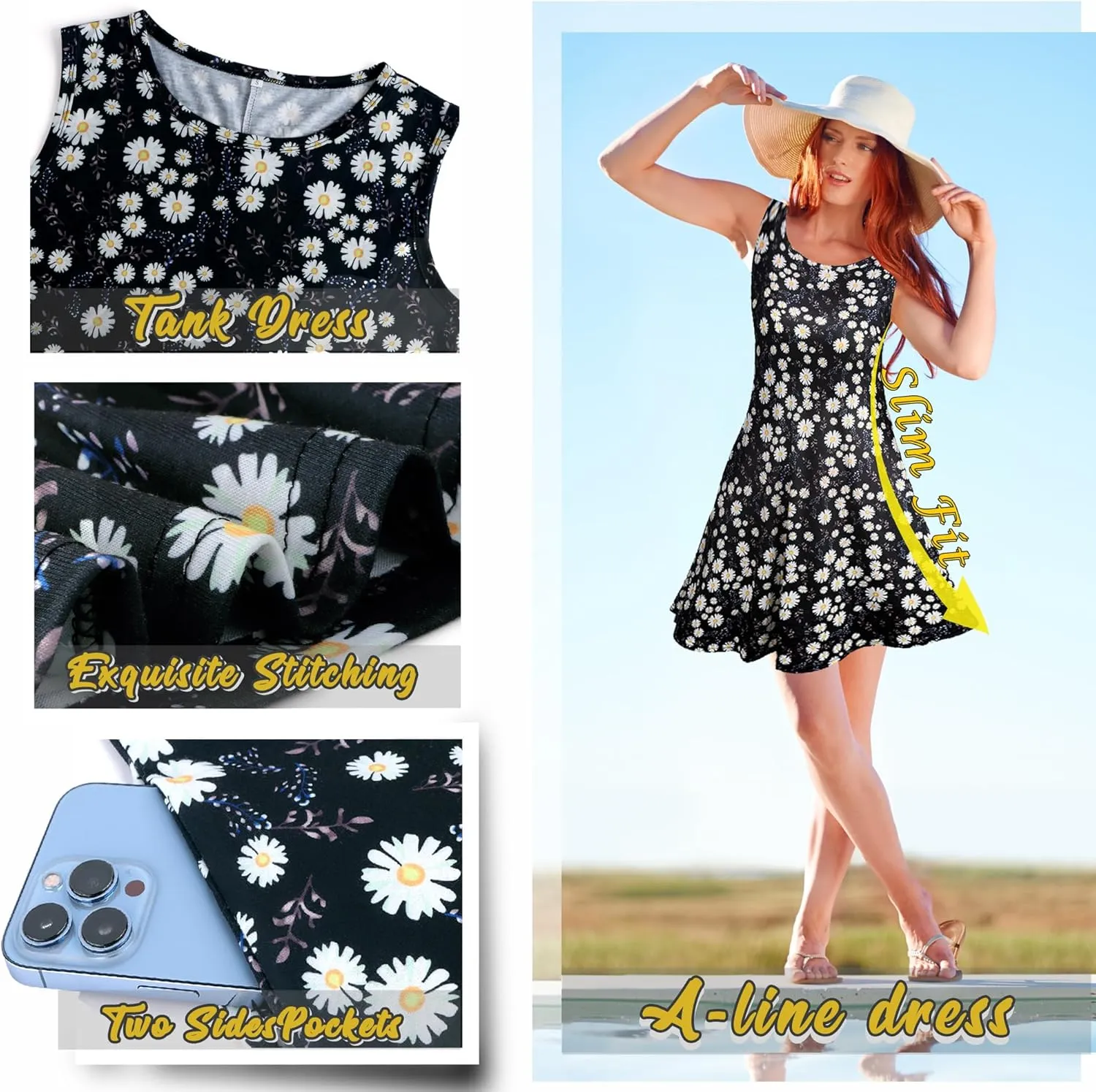 Scotamalone Summer Dresses for Women 2023 Beach Floral Tshirt Sundress Sleeveless Pockets Casual Loose Tank Dress