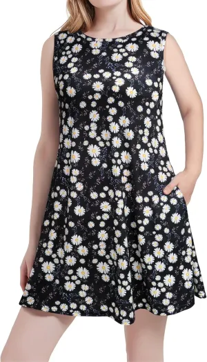 Scotamalone Summer Dresses for Women 2023 Beach Floral Tshirt Sundress Sleeveless Pockets Casual Loose Tank Dress