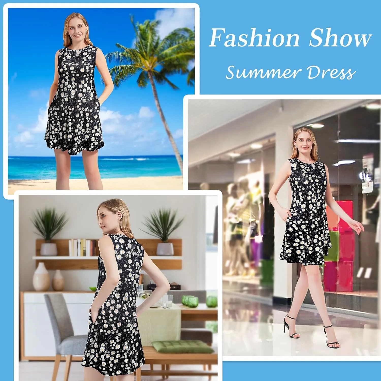 Scotamalone Summer Dresses for Women 2023 Beach Floral Tshirt Sundress Sleeveless Pockets Casual Loose Tank Dress