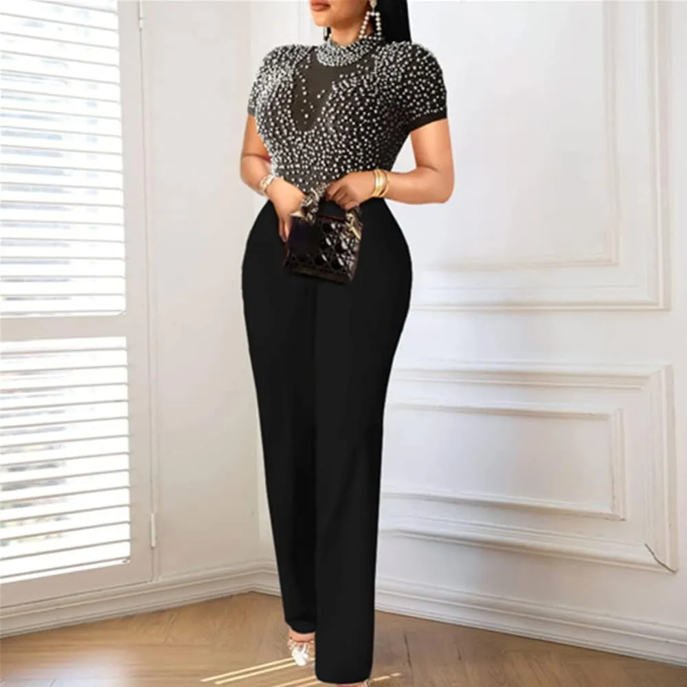Sexy Bodycon Lace Jumpsuits for Women Elegant Clubwear Beaded High Waisted Party Rompers Loose Fit Wide Legs Pants