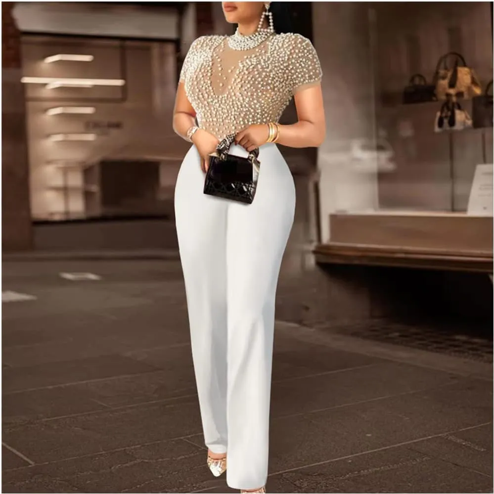 Sexy Bodycon Lace Jumpsuits for Women Elegant Clubwear Beaded High Waisted Party Rompers Loose Fit Wide Legs Pants