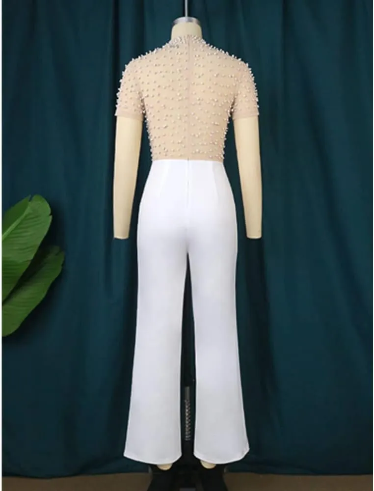 Sexy Bodycon Lace Jumpsuits for Women Elegant Clubwear Beaded High Waisted Party Rompers Loose Fit Wide Legs Pants