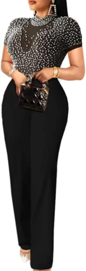 Sexy Bodycon Lace Jumpsuits for Women Elegant Clubwear Beaded High Waisted Party Rompers Loose Fit Wide Legs Pants