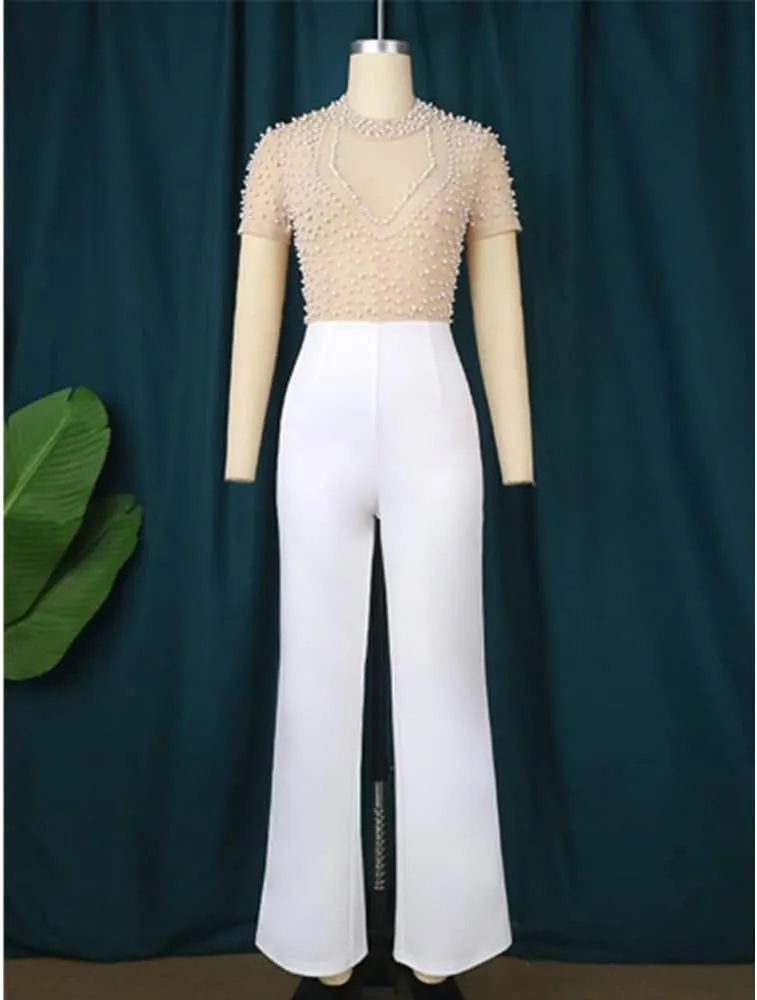 Sexy Bodycon Lace Jumpsuits for Women Elegant Clubwear Beaded High Waisted Party Rompers Loose Fit Wide Legs Pants