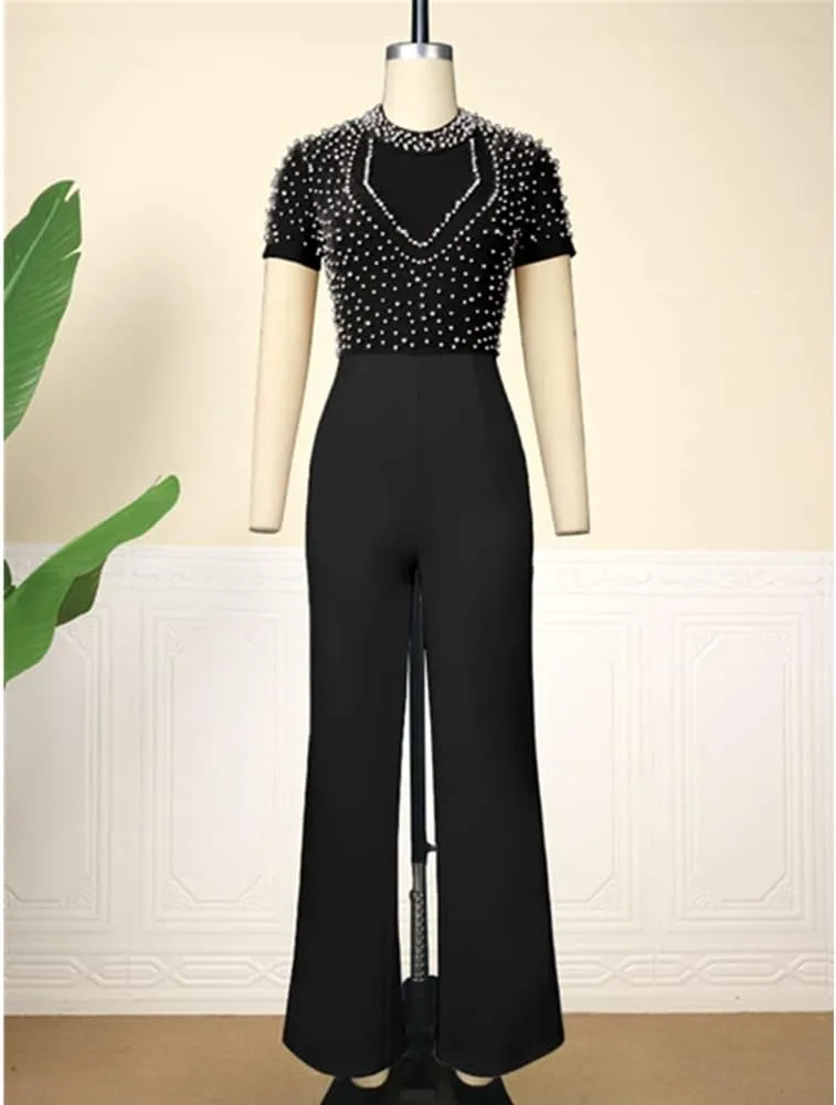 Sexy Bodycon Lace Jumpsuits for Women Elegant Clubwear Beaded High Waisted Party Rompers Loose Fit Wide Legs Pants