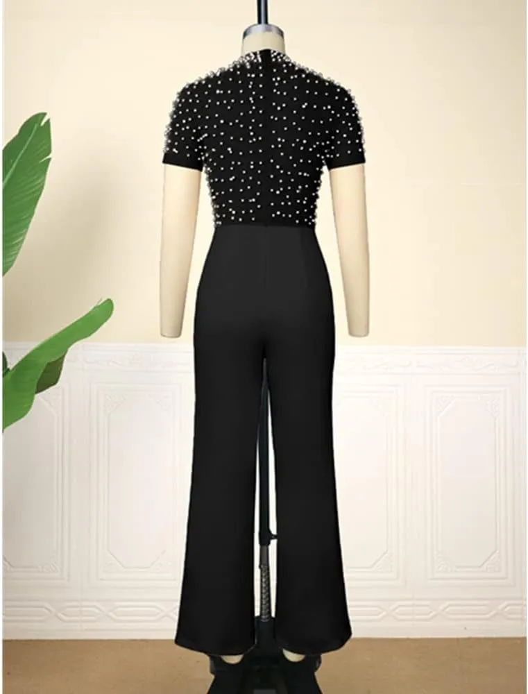 Sexy Bodycon Lace Jumpsuits for Women Elegant Clubwear Beaded High Waisted Party Rompers Loose Fit Wide Legs Pants