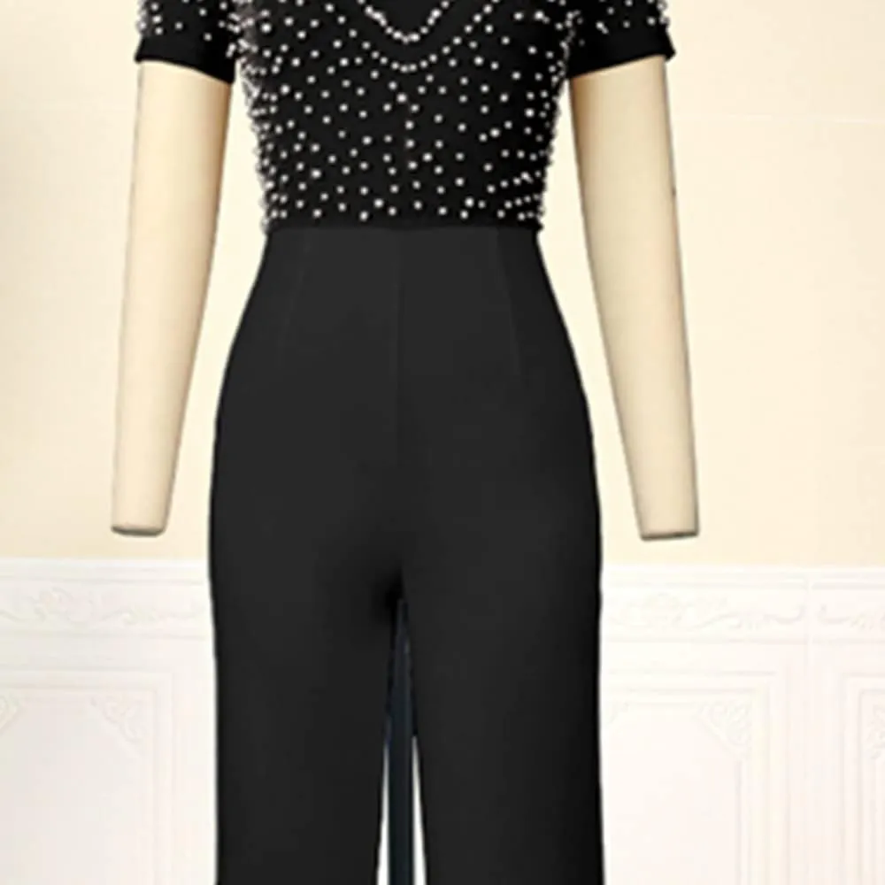Sexy Bodycon Lace Jumpsuits for Women Elegant Clubwear Beaded High Waisted Party Rompers Loose Fit Wide Legs Pants